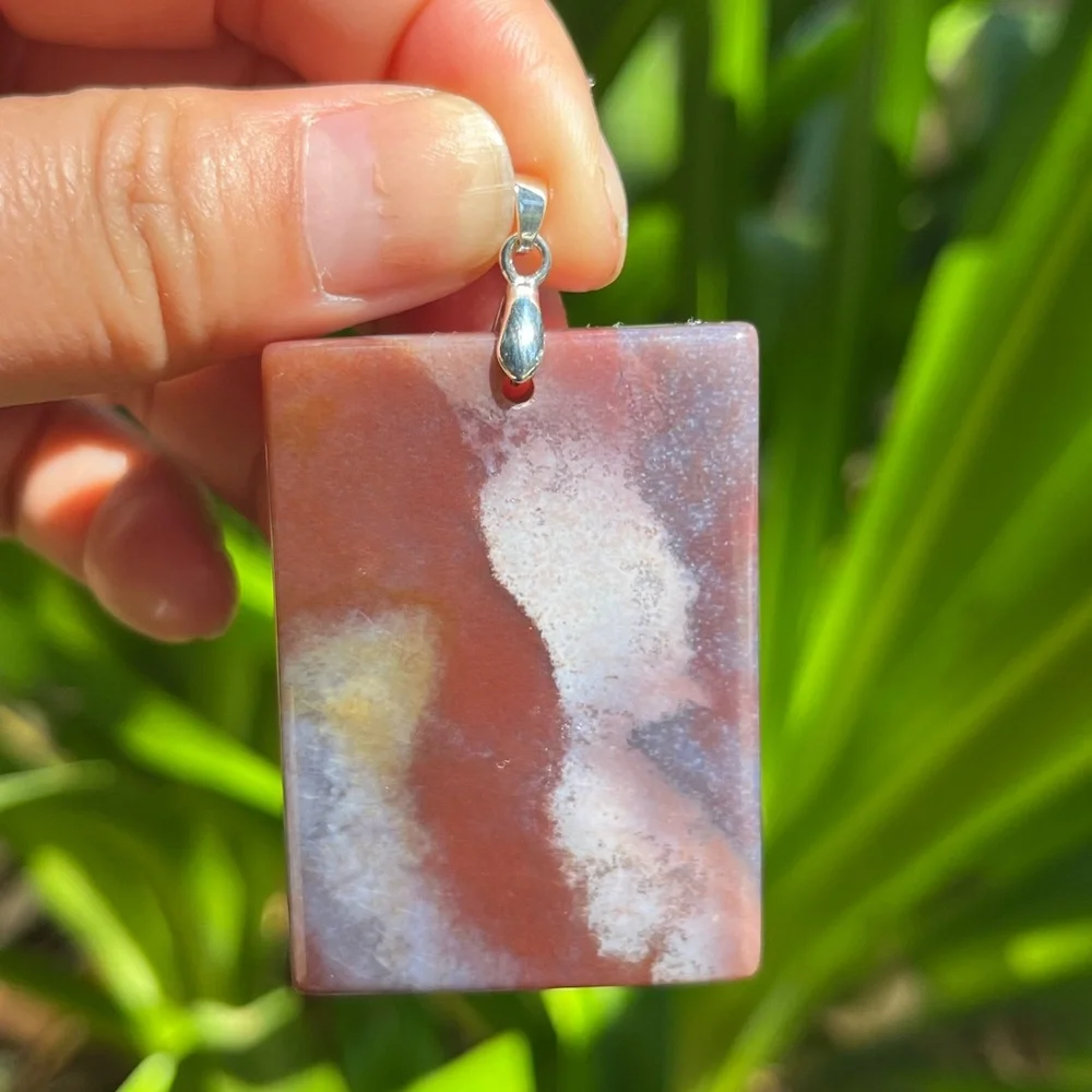 925 silver plated red moss agate rectangular scenery pendant 1416‎